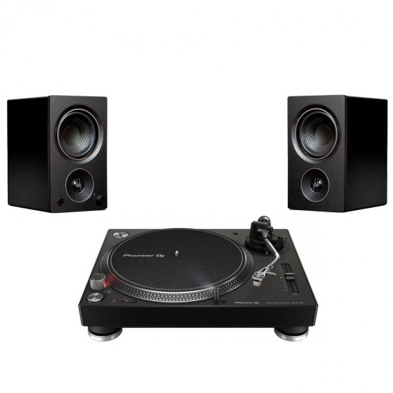 PSB Alpha AM3 aktyvios garso kolonėlės su Pioneer PLX-500 plokštelių grotuvu