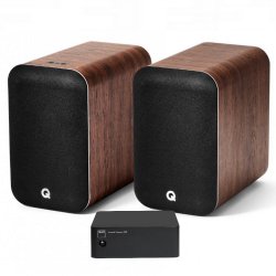 Q Acoustics M20 HD aktyvinės garso kolonėlės su NAD CS1 tinklo grotuvu